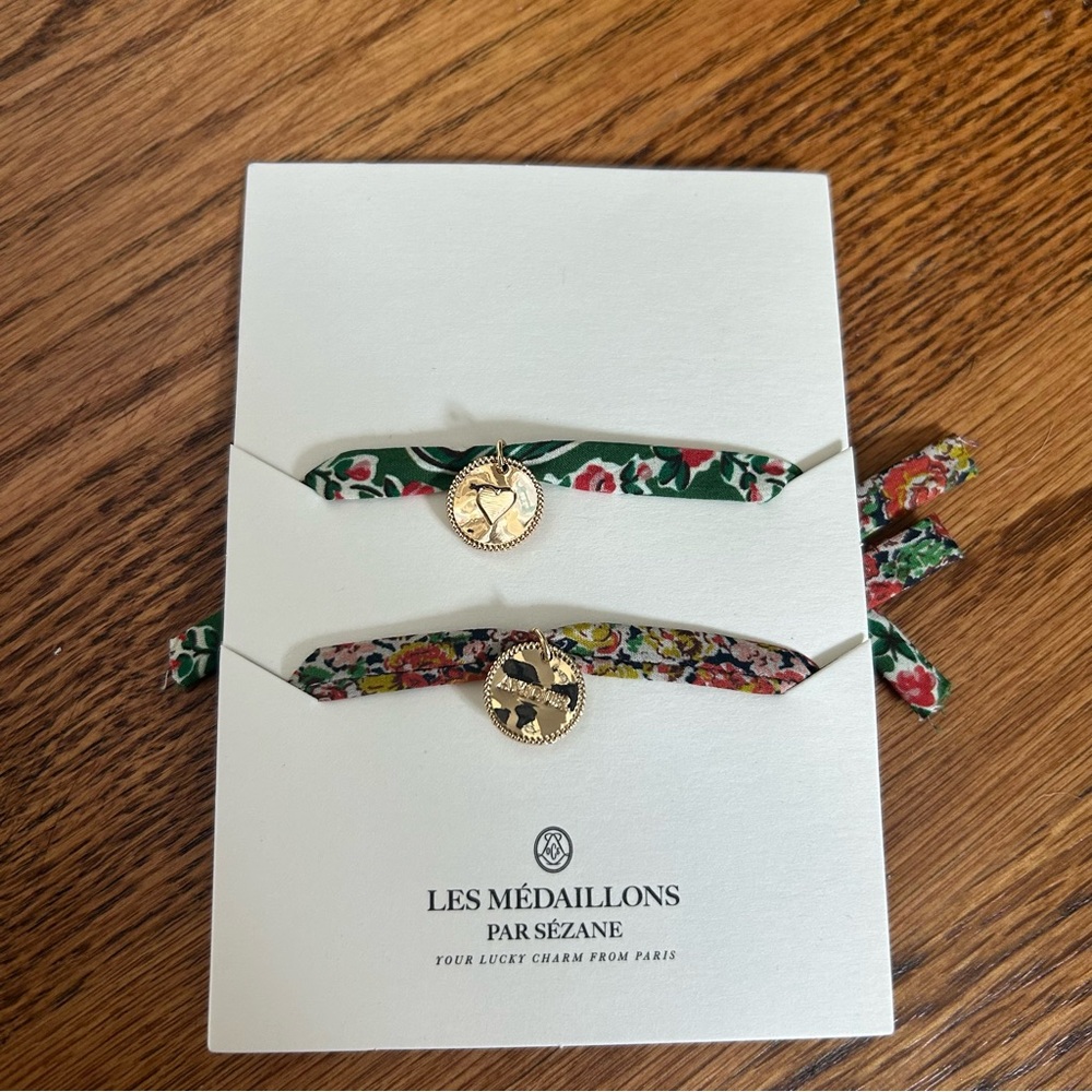 NEW Sezane Floral Ribbon Bracelet Set in Green and Multicolor